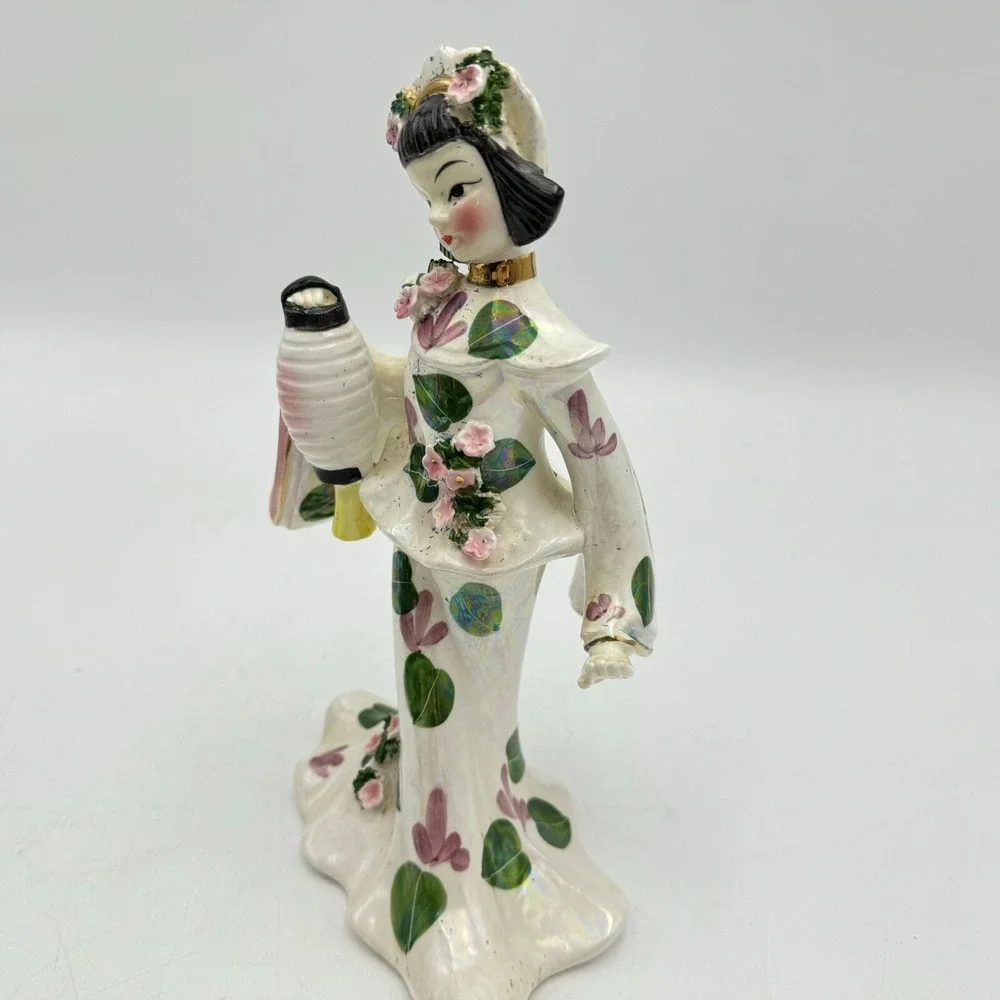 Vintage 1955 Signed Geo Z. Lefton Porcelain East Asian Dancer Lantern Pink Green